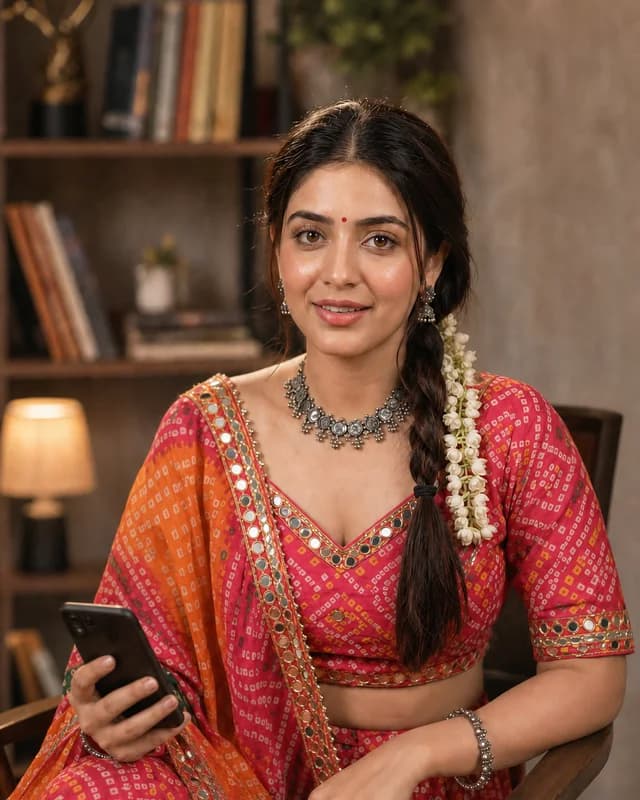 Vaani in a colourful bandhani outfit, smiling with her phone