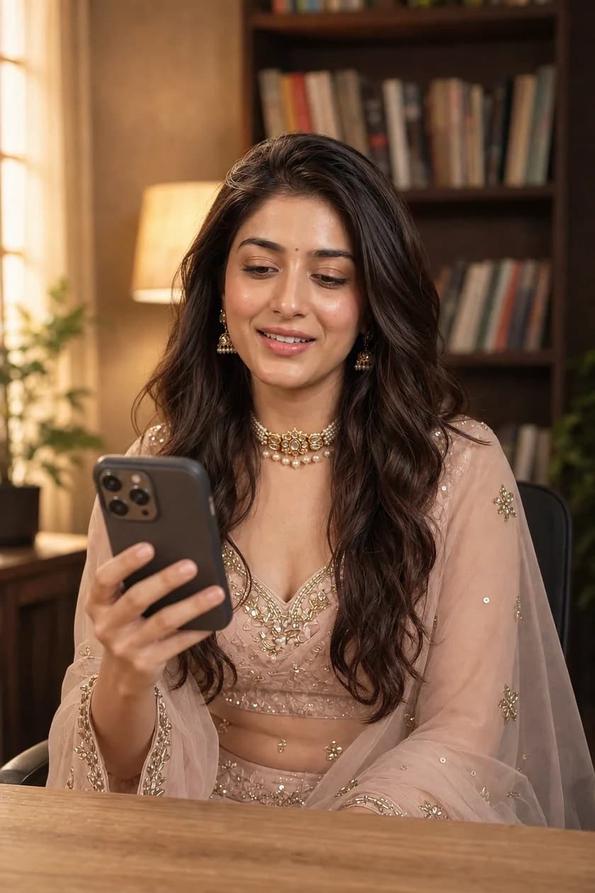 Vaani in a blush-pink outfit, smiling at her phone in a warm library